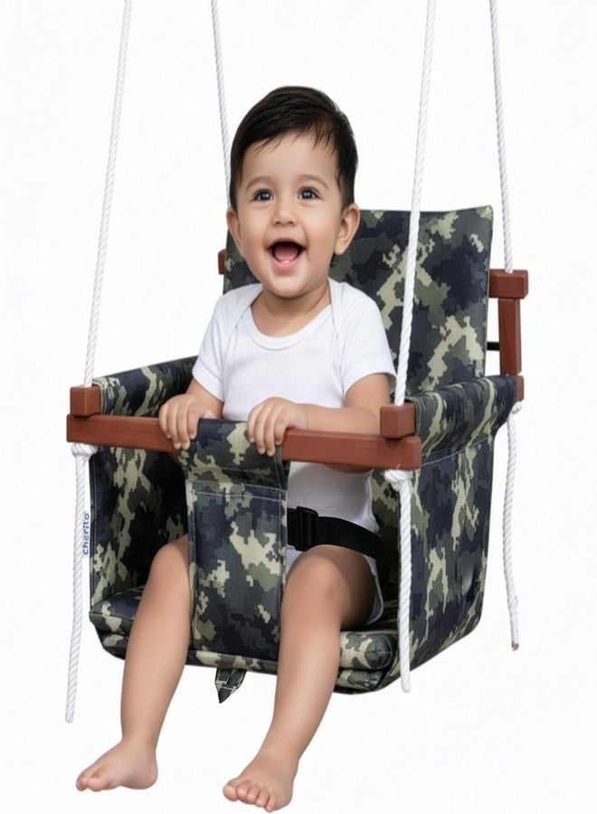 Cherilo Swing for Kids 1-5 Years | Indoor & Outdoor Wooden Jhula for Kids | Safe Comfortable Swing with Cushions & Safety Belt | Strong Durable Wooden Frame - Camouflage - Image 1